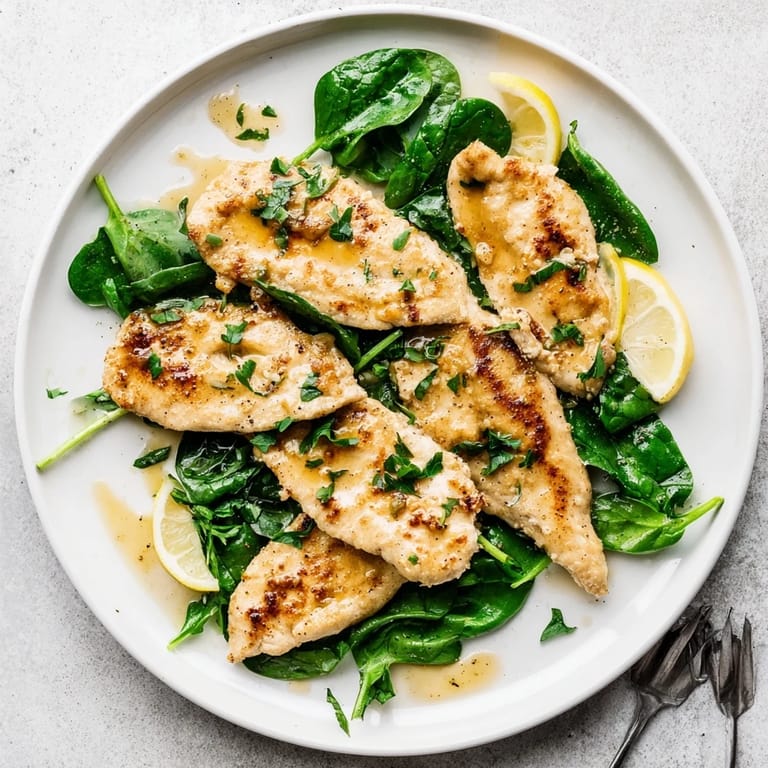 A fresh weeknight dinner of Spinach Lemon Butter Chicken, glistening in silky sauce alongside vibrant greens on a plate.