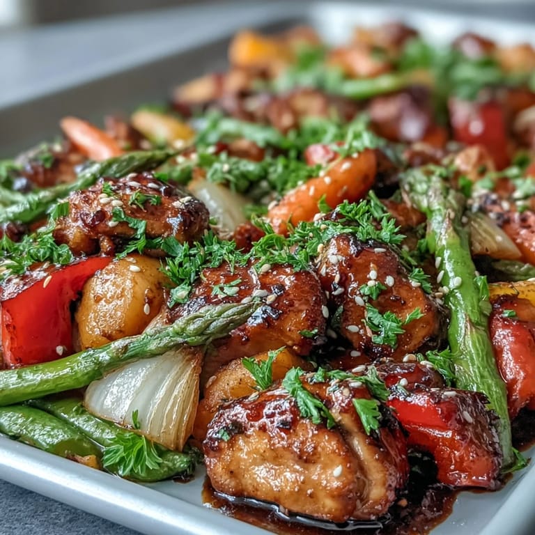 Juicy honey garlic chicken with crisp-tender vegetables, ready to serve.