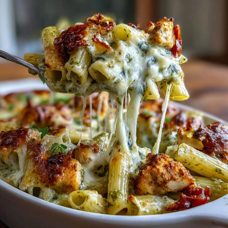 Close-up slice of Pesto Chicken Pasta Bake revealing tender chicken, al dente pasta, and gooey melted cheese in a rich tomato-pesto sauce.