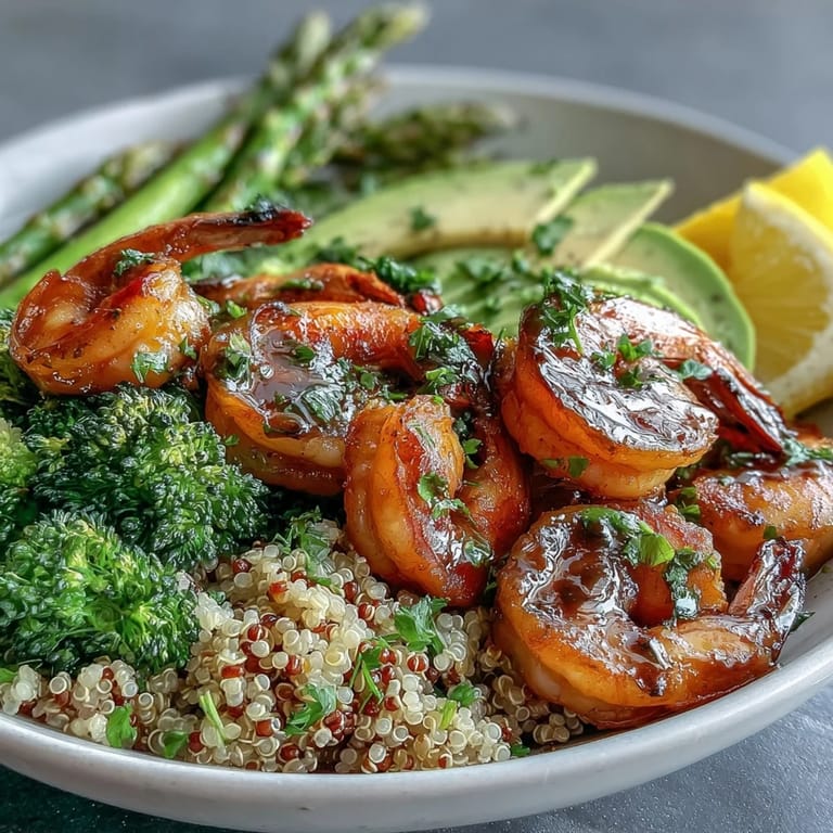 A healthy Detox Buddha Bowl with plump shrimp, creamy avocado, and fluffy quinoa.