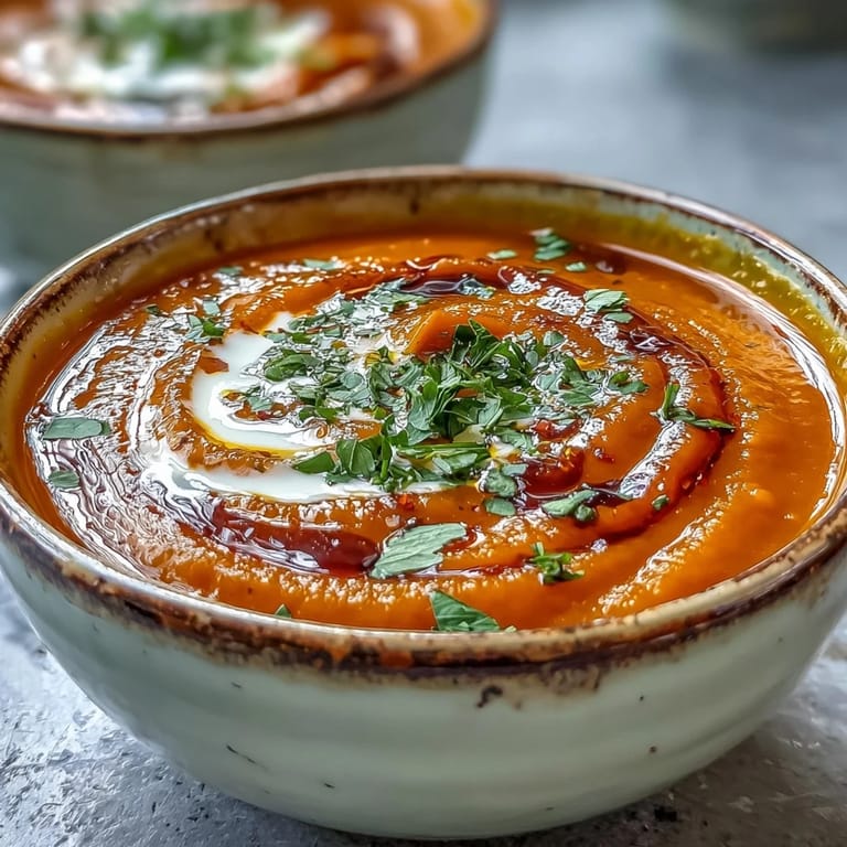Hearty carrot, celeriac, and chilli soup garnished with fresh coriander and swirl.