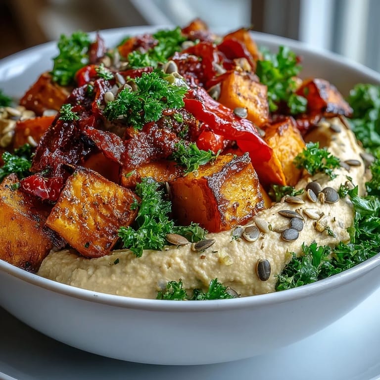 Our roast squash and hummus winter salad showcases tender roasted vegetables over creamy hummus.