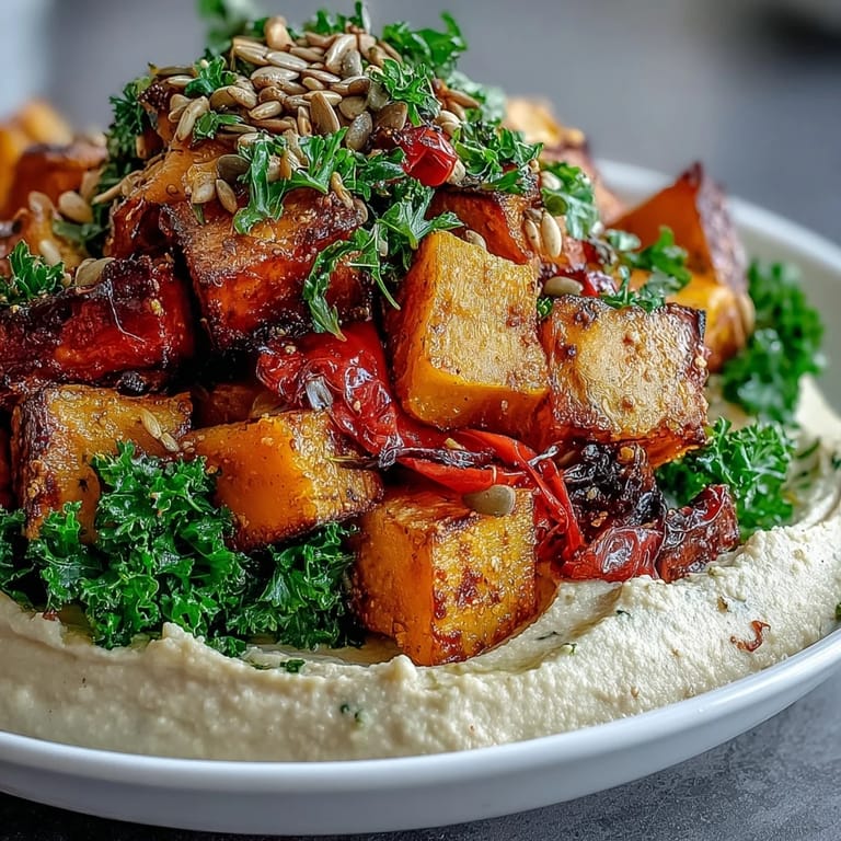 Savor this beautiful roast squash and hummus winter salad, topped with crunchy toasted seeds.