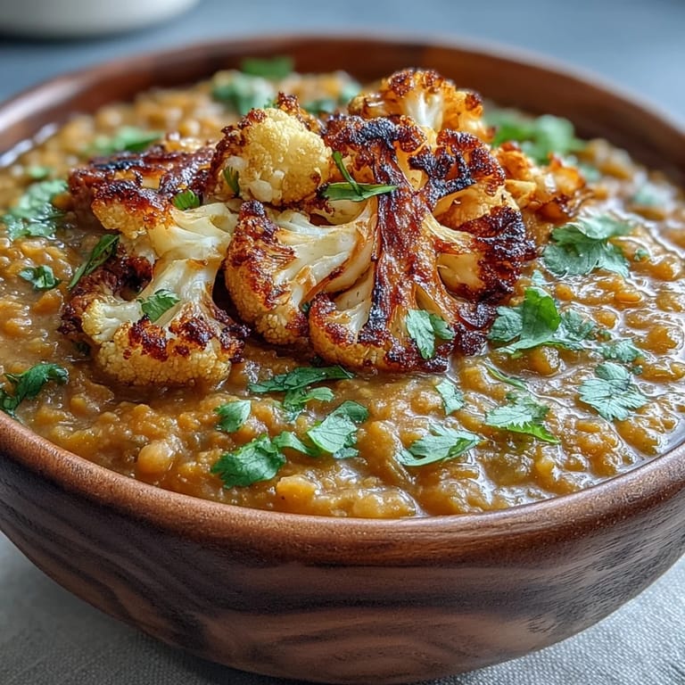 Hearty vegan dhal topped with golden, spicy roasted cauliflower florets.
