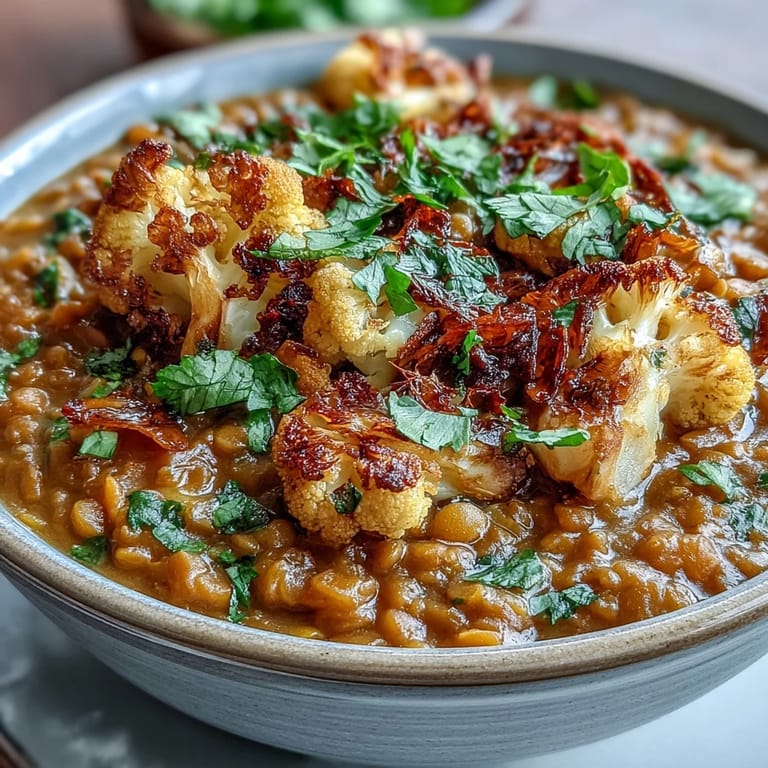 Comforting bowl of dhal with tender cumin cauliflower, perfect for dinner.