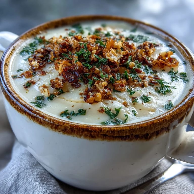 Earthy celeriac soup, perfectly smooth, with a delightful hazelnut texture on top.