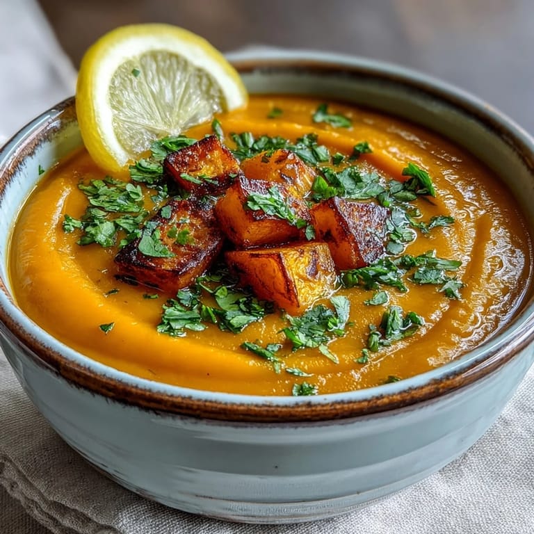 Creamy roasted butternut squash and lentil soup, perfect with a squeeze of lemon.