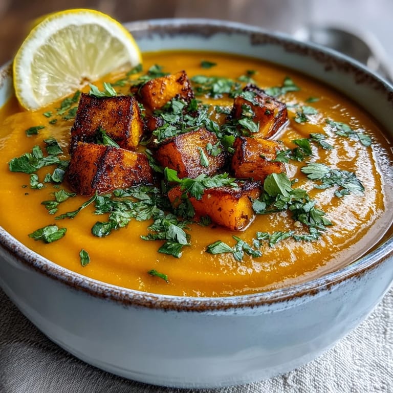 Hearty lentil soup with tender butternut squash, seasoned with warm autumnal spices.
