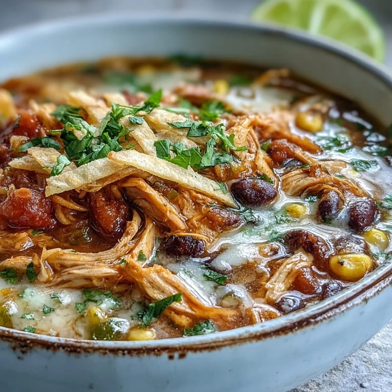 Steaming Tex-Mex soup featuring tender chicken, black beans, and corn, ready for a cozy weeknight dinner.