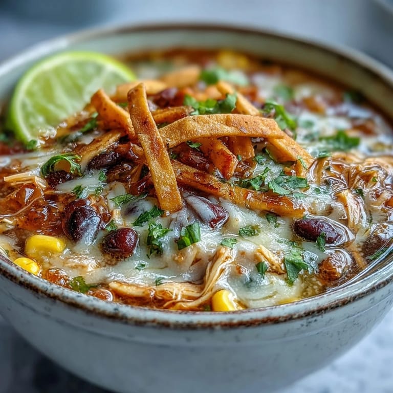 Close-up of creamy Easy Chicken Tortilla Soup ladled into a bowl with lime wedges and jalapeños.