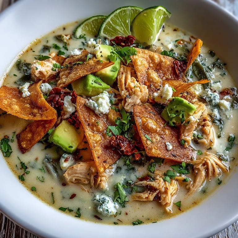 A comforting bowl of Creamy Chicken Tortilla Soup, featuring tender shredded chicken, salsa verde, and colorful peppers.