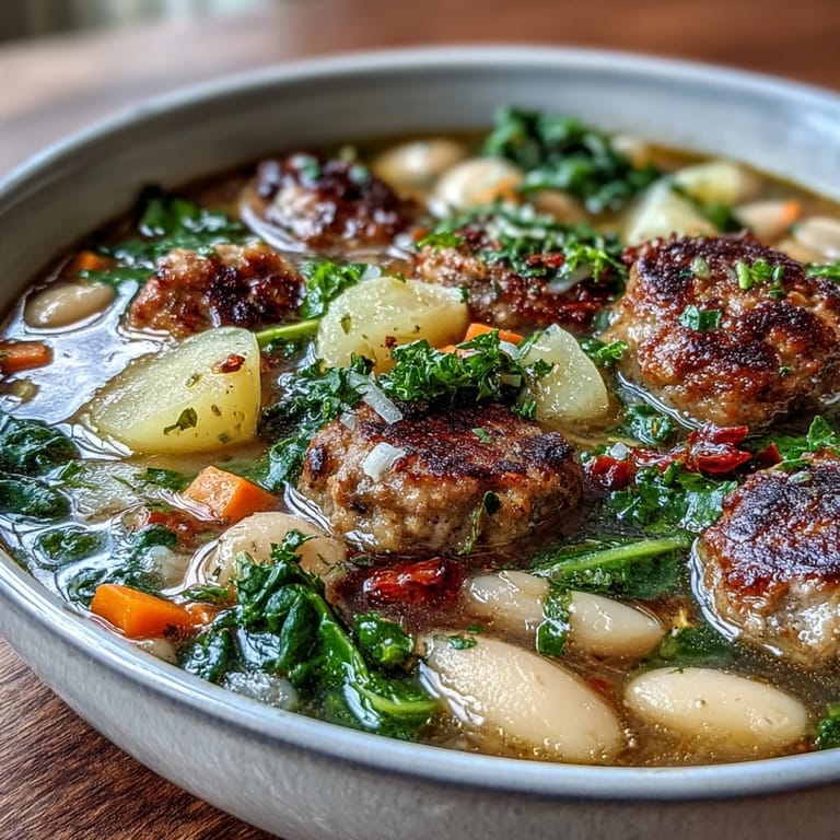 A bowl of hearty Tuscan White Bean Sausage Soup garnished with Parmesan and served with crusty bread.