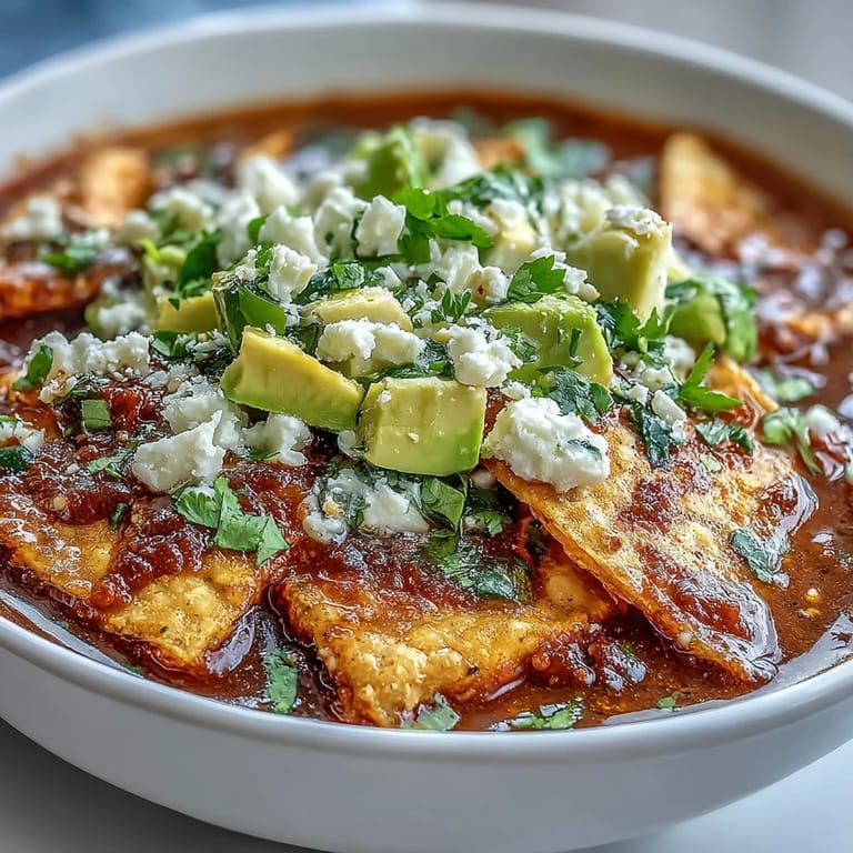 Deep red Sopa Azteca broth poured over golden tortilla strips topped with diced avocado.