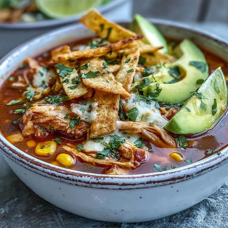 Best Chicken Tortilla Soup simmering in a pot with fire-roasted tomatoes, corn, and chicken.