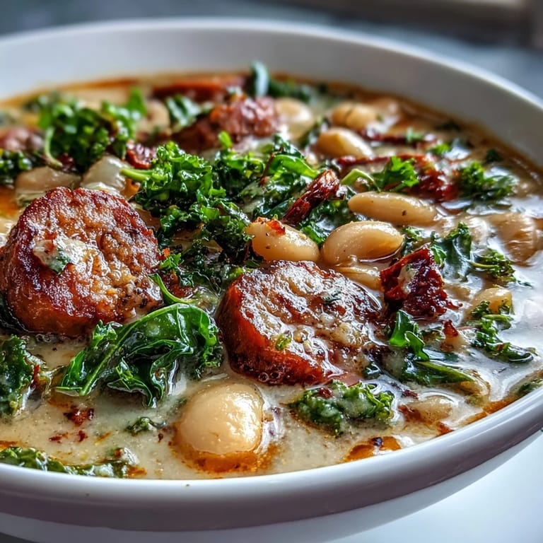 Close-up of Italian White Bean Soup showing creamy white beans, vibrant kale, and savory sausage in a rich, garlicky broth.