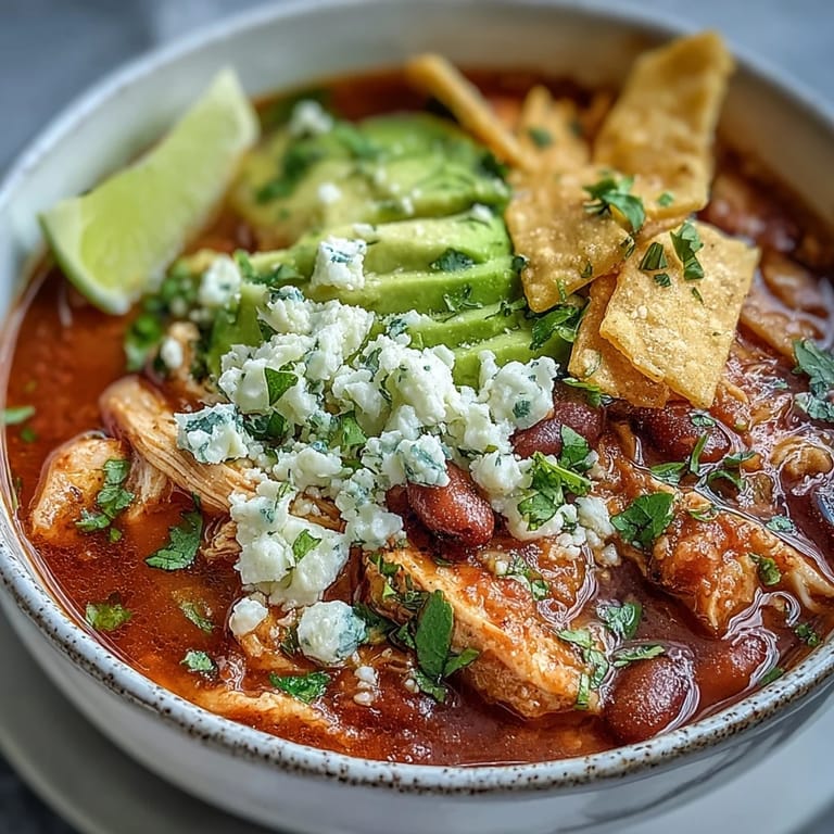 Hearty Mexican Chicken Tortilla Soup garnished with creamy avocado slices and a fresh lime wedge on the side.