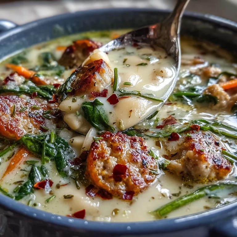 A hearty bowl of Creamy Tuscan White Bean Soup with Sausage, topped with melted Parmesan and wilted spinach on a cozy table.