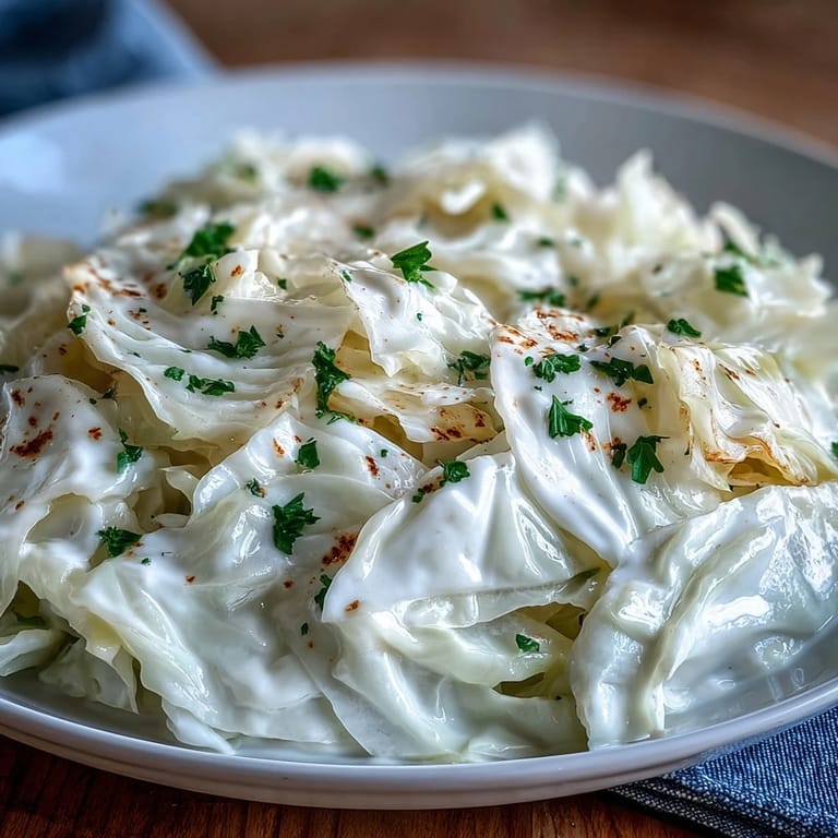 Vibrant green Creamed Cabbage in a creamy sauce, garnished with parsley and black pepper, served as a side.