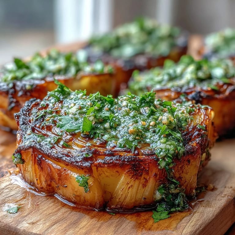 Thick-cut cabbage steaks drizzled with vibrant jalapeño chimichurri sauce for a vegan meal.