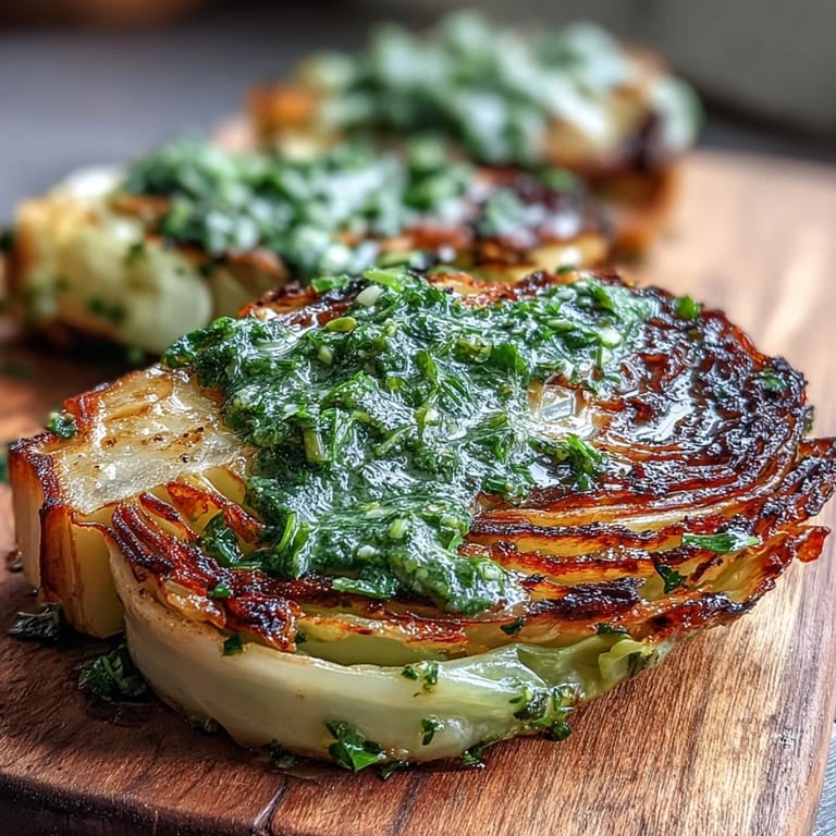 Crispy caramelized cabbage steaks topped with spicy jalapeño chimichurri and parsley.