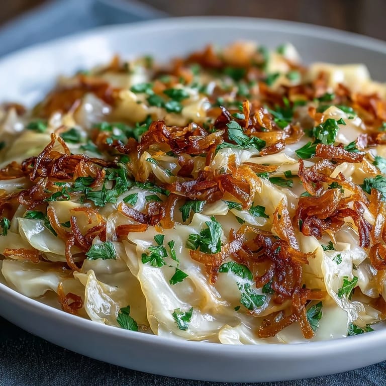 A skillet of fragrant Coconut Braised Cabbage with a rich, golden coconut sauce.