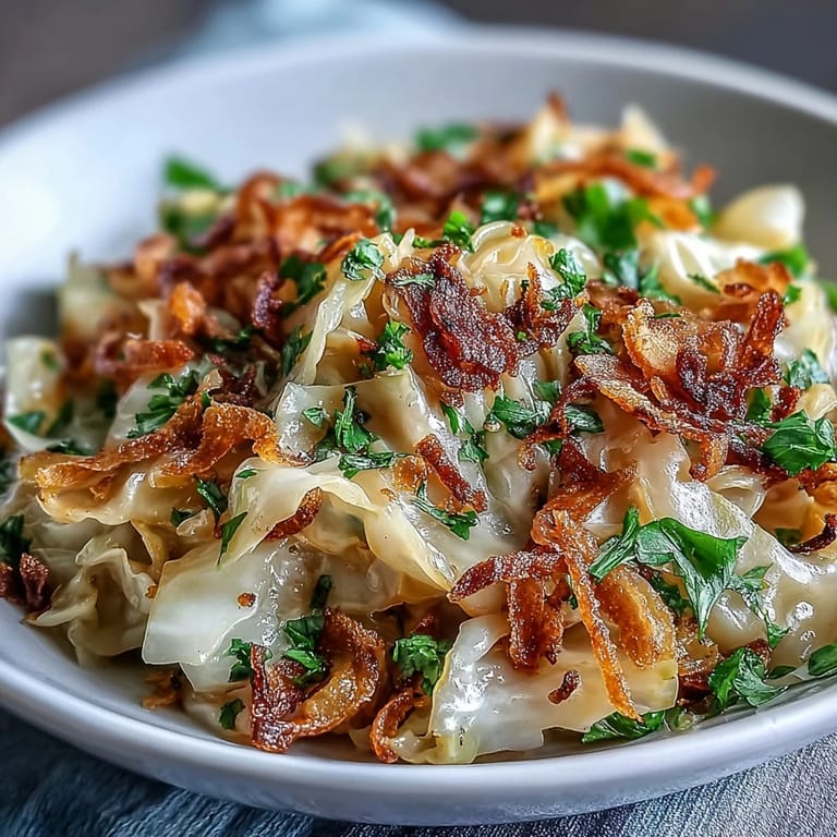 Tender Coconut Braised Cabbage garnished with fresh cilantro and toasted coconut flakes.