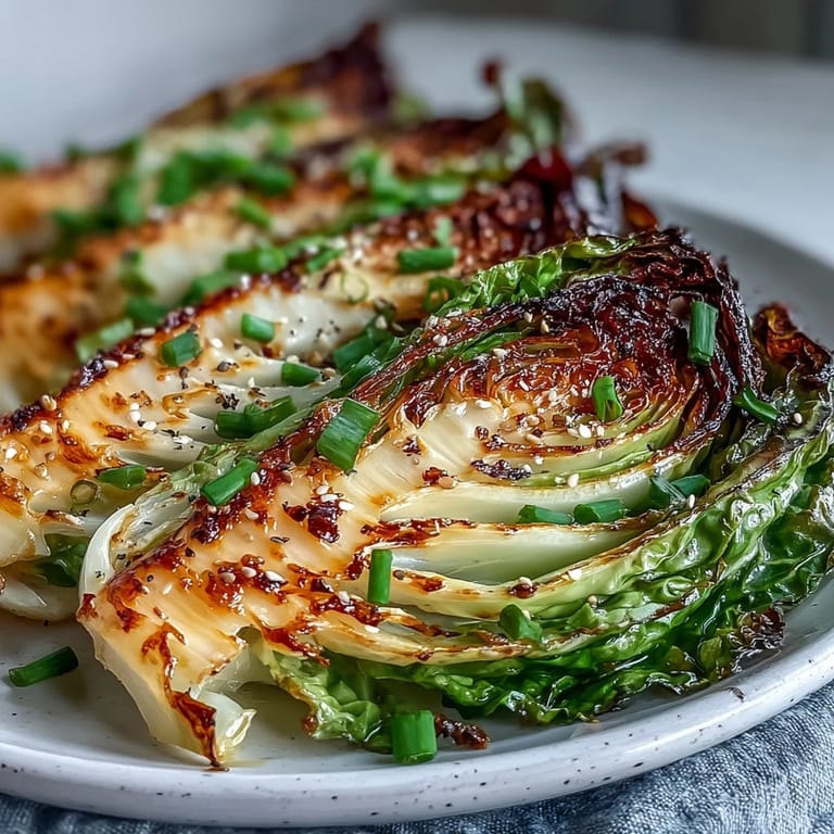 Glossy Miso Butter Roasted Cabbage Wedges on a platter with fresh scallions and pepper.