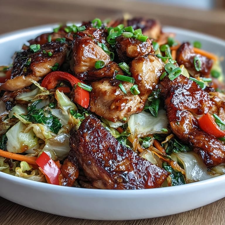 Golden-brown pieces of Chicken Cabbage Stir-Fry in a hot wok, garnished with fresh green onions and sesame seeds.