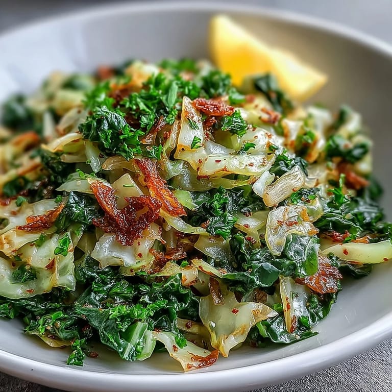 A steaming pan of Sautéed Cabbage With Garlic and Mediterranean Spices, garnished with parsley and red pepper flakes.