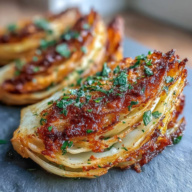 A close-up of a golden Roasted Garlic Parmesan Cabbage Wedge on a rustic plate, drizzled with garlic oil.