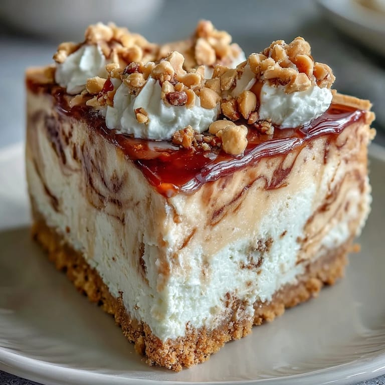 Topped with whipped cream and chopped peanuts, this rich American dessert looks irresistible on a white plate.