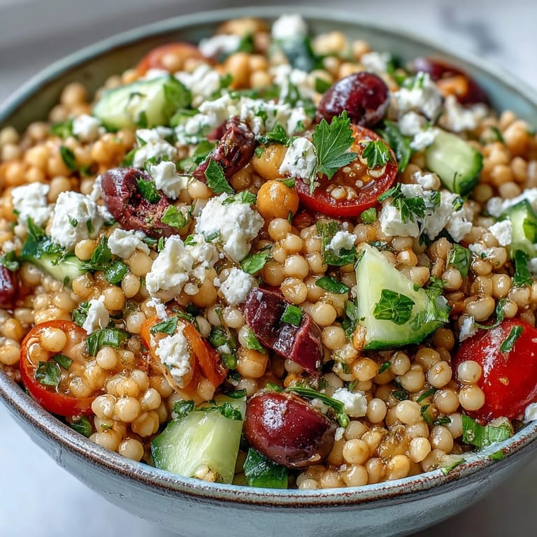 A serving of Mediterranean Pearl Couscous tossed with feta, parsley, and a zesty oregano vinaigrette, ready for a sunny lunch.