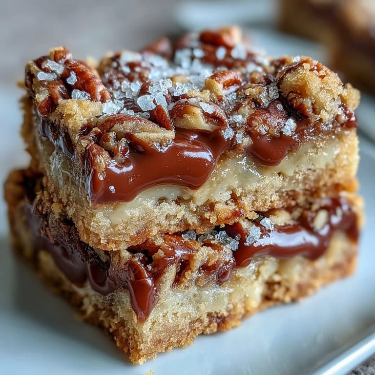 A close-up of chewy turtle bars reveals glossy caramel pools, melted chocolate, and crunchy pecans.