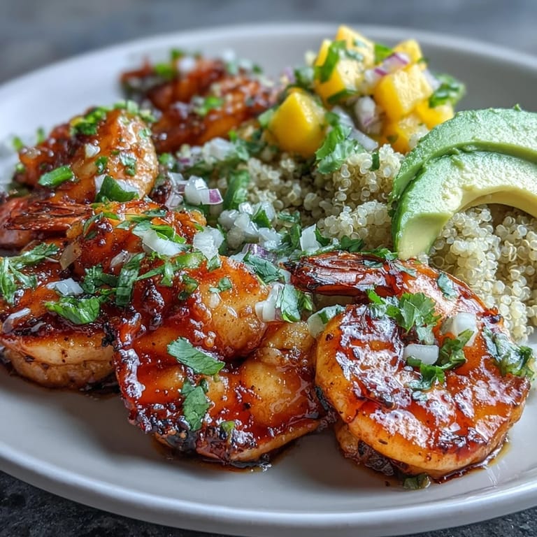 Fresh shrimp and creamy avocado bowls feature smoky grilled shrimp, bright mango salsa, and lime chili sauce drizzled over nutty quinoa.