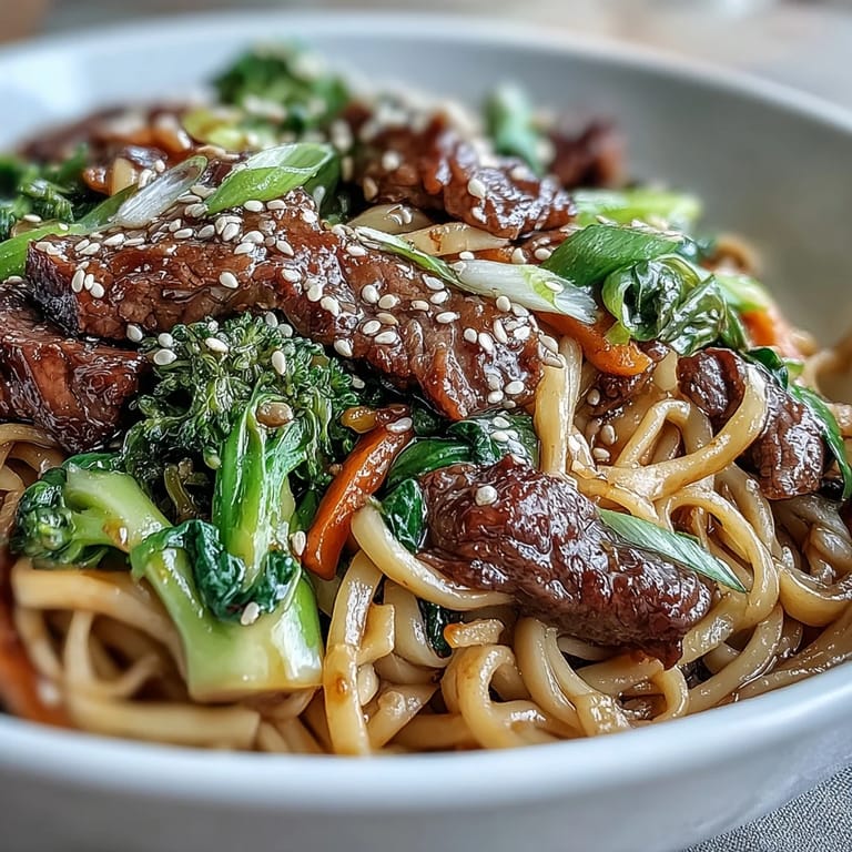 Tender flank steak and crisp veggies in Korean Beef Noodles served on a white bowl with chopsticks.