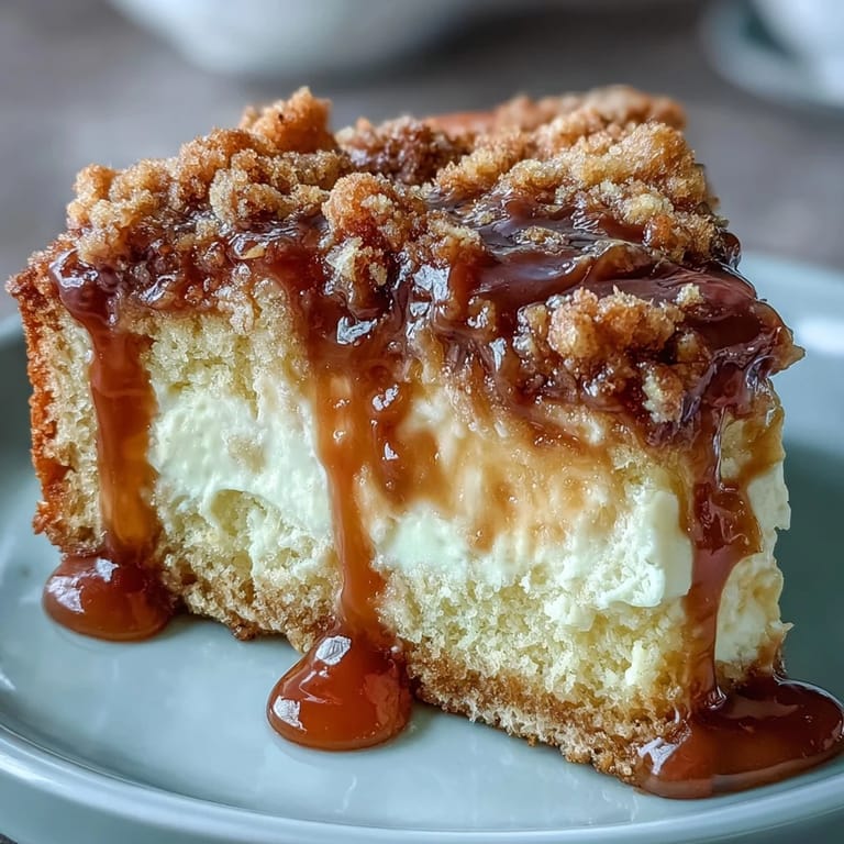 A close-up of Caramel Cream Cheese Bread slice on a plate, highlighting the creamy cheesecake filling and gooey caramel ribbon.