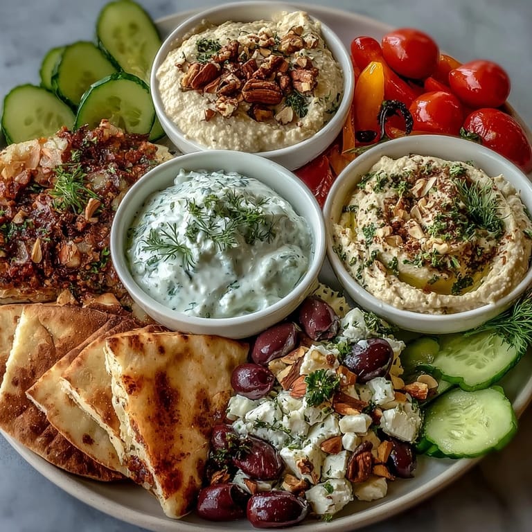 Colorful Mediterranean brunch board with feta, olives, and fresh vegetables.