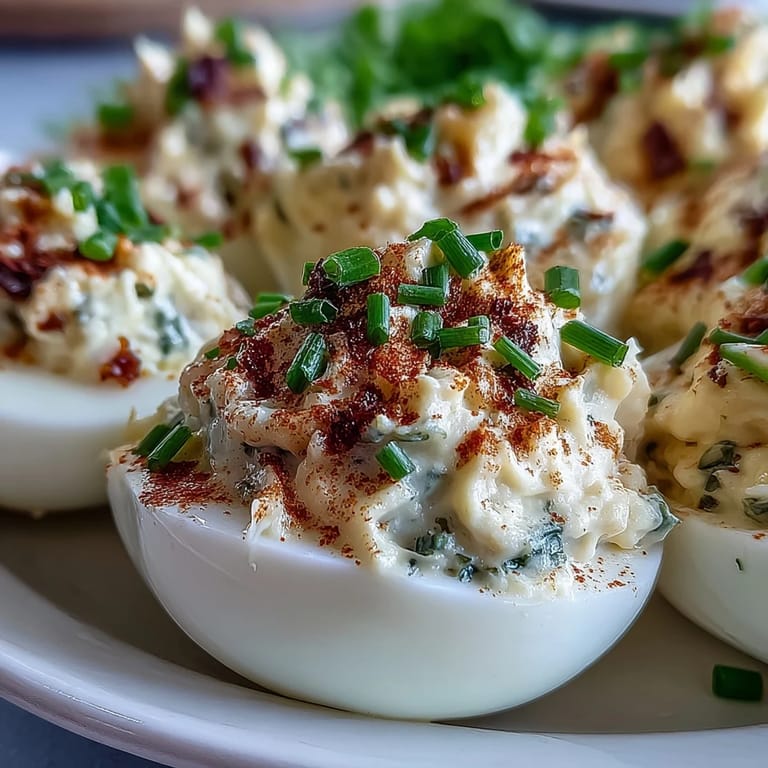 Million Dollar Deviled Eggs feature creamy yolk filling with mayo and cream cheese, nestled in tender egg white halves.