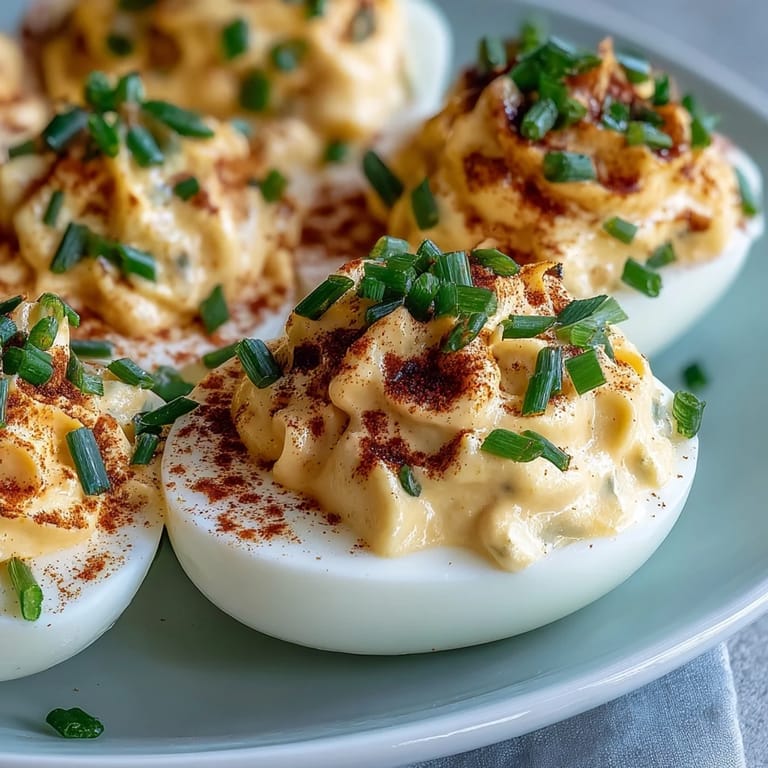 Close-up of Million Dollar Deviled Eggs topped with paprika, showcasing smooth texture and vibrant green chives for a party platter.