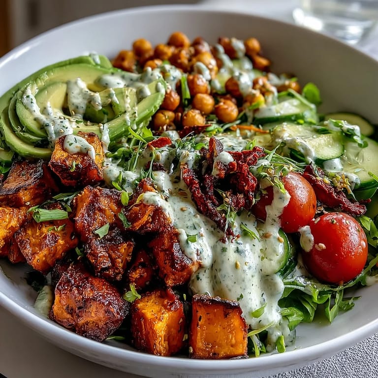 Colorful Breakfast Buddha Bowl featuring roasted sweet potatoes, golden chickpeas, and fresh vegetables on greens with a drizzle of tahini dressing.
