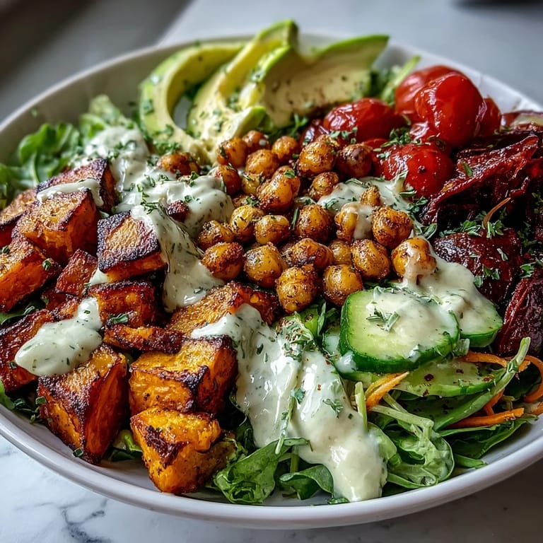 Close-up of a hearty Breakfast Buddha Bowl, showcasing crispy chickpeas, sliced avocado, and roasted sweet potatoes over a bed of fresh greens.