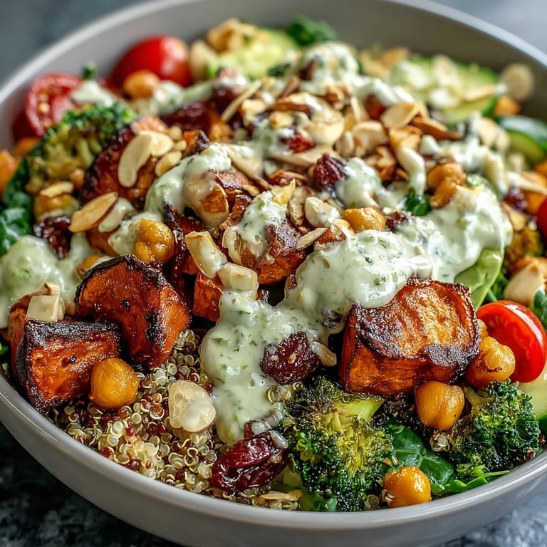 Hearty black beans and chickpeas atop quinoa, Meal Prep Week-Long Power Bowl garnished with crunchy almonds and seeds.