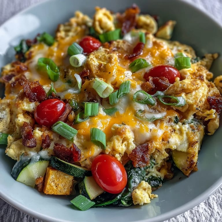 A nourishing Scrambled Egg and Veggie Bowl topped with cherry tomatoes, spinach, and green onions served steaming hot.
