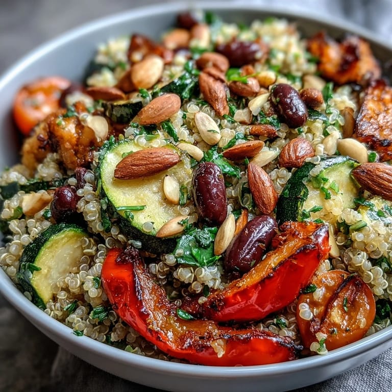 A finished Veggie and Quinoa Power Bowl with black beans, crunchy nuts, and colorful roasted veggies ready to serve.