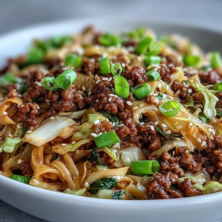 A steaming skillet of Egg Roll in a Bowl served over cauliflower rice, with sriracha and extra sesame seeds on the side.