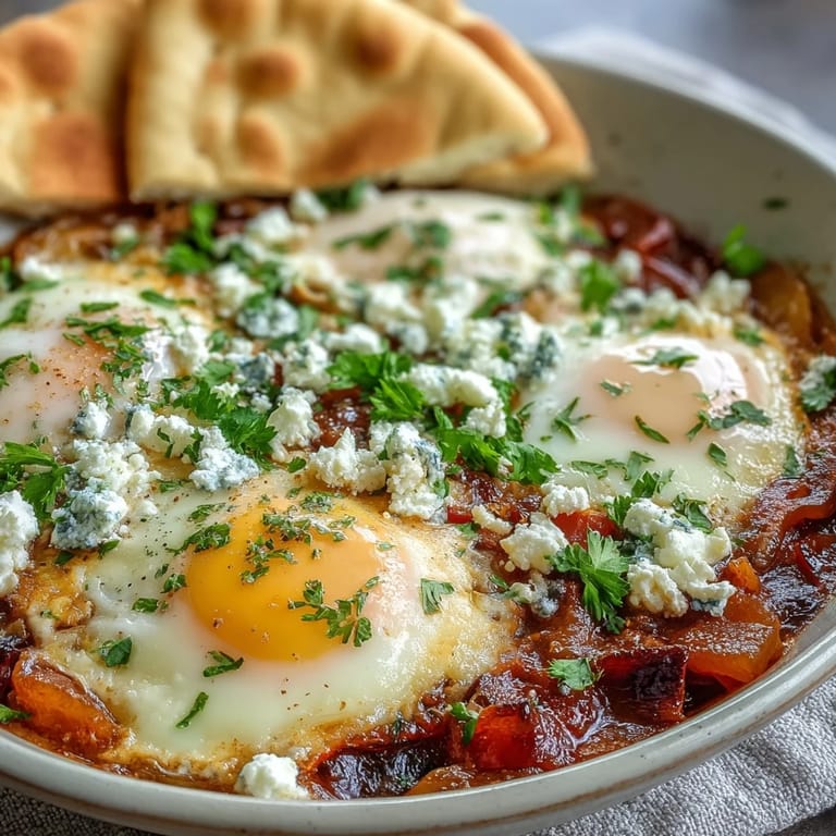 A hearty Shakshuka Bowl topped with crumbled feta and herbs, perfect for dipping into the rich sauce.