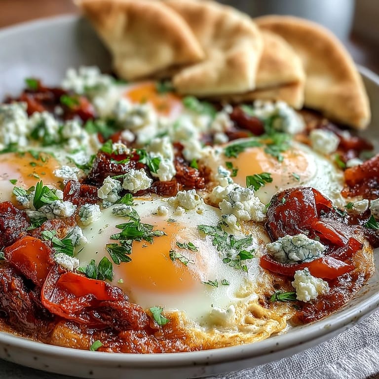 Easy homemade Shakshuka Bowl with runny yolks, bell peppers, and warm pita bread ready for the table.