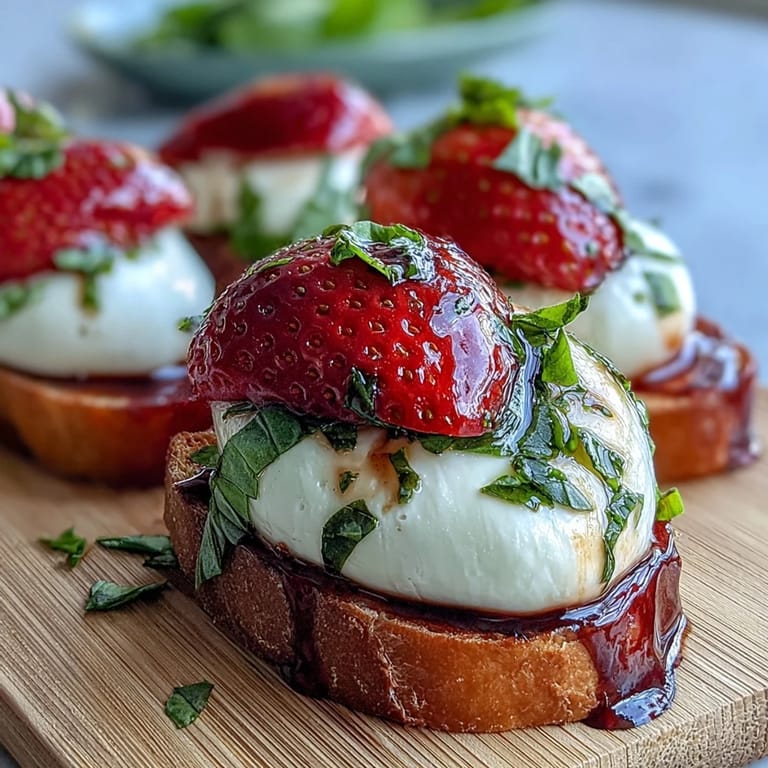 Vibrant strawberry and mozzarella skewers drizzled with balsamic reduction, perfect for summer parties or light appetizers.