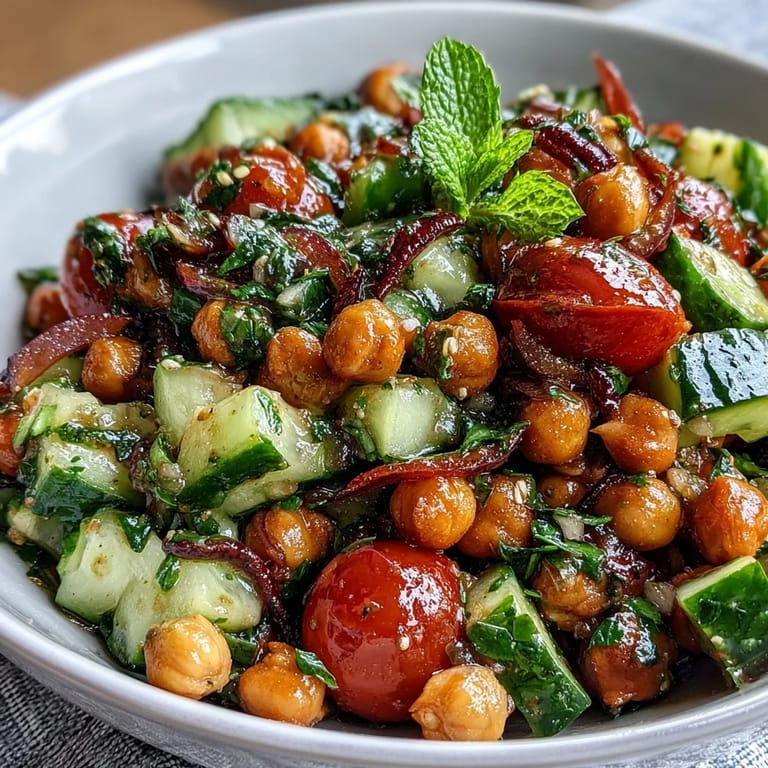 Protein-packed Healthy Easy Cucumber Chickpea Salad with Lemon Vinaigrette, featuring juicy tomatoes and fresh herbs in every bite.