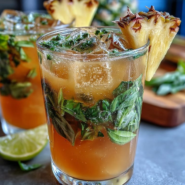 Vibrant pineapple basil agua fresca served over ice with a sprig of basil and lime wedge.